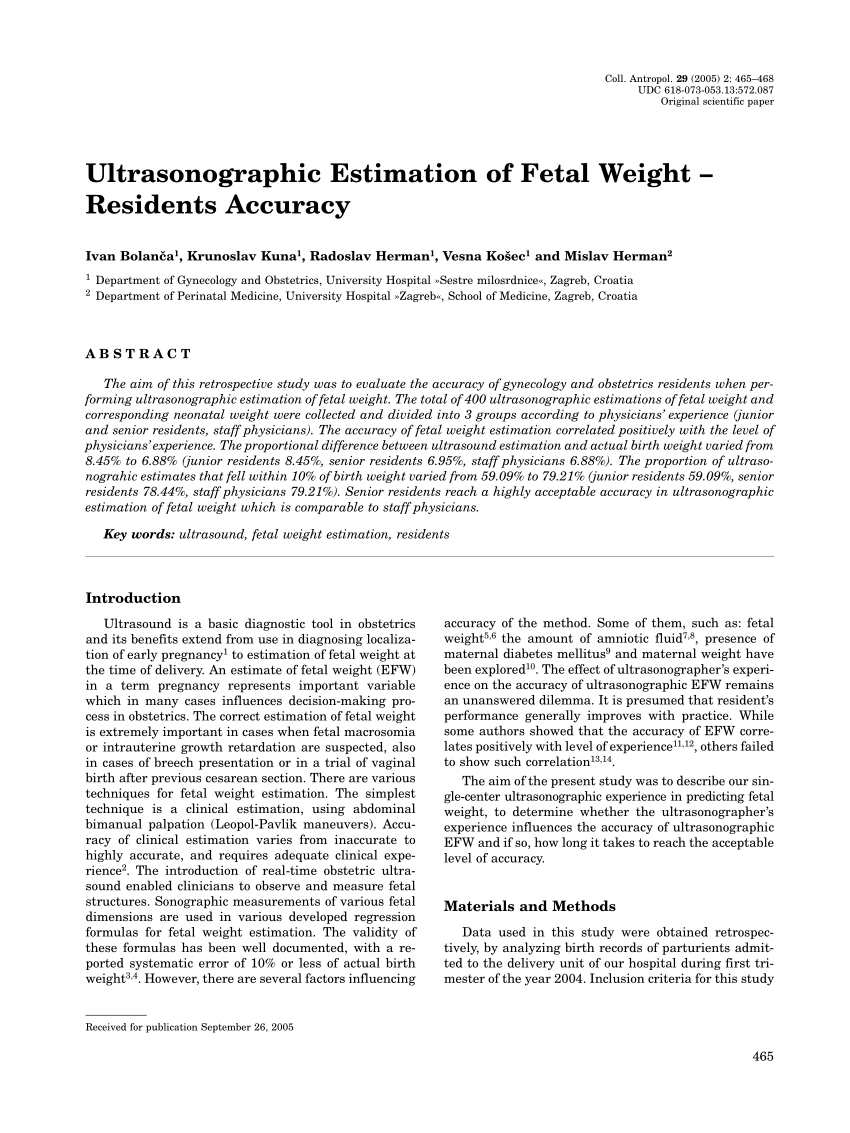 Pdf Ultrasonographic Estimation Of Fetal Weight Residents Accuracy 