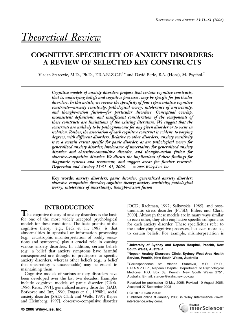 Pdf Cognitive Specificity Of Anxiety Disorders A Review Of Selected Key Constructs