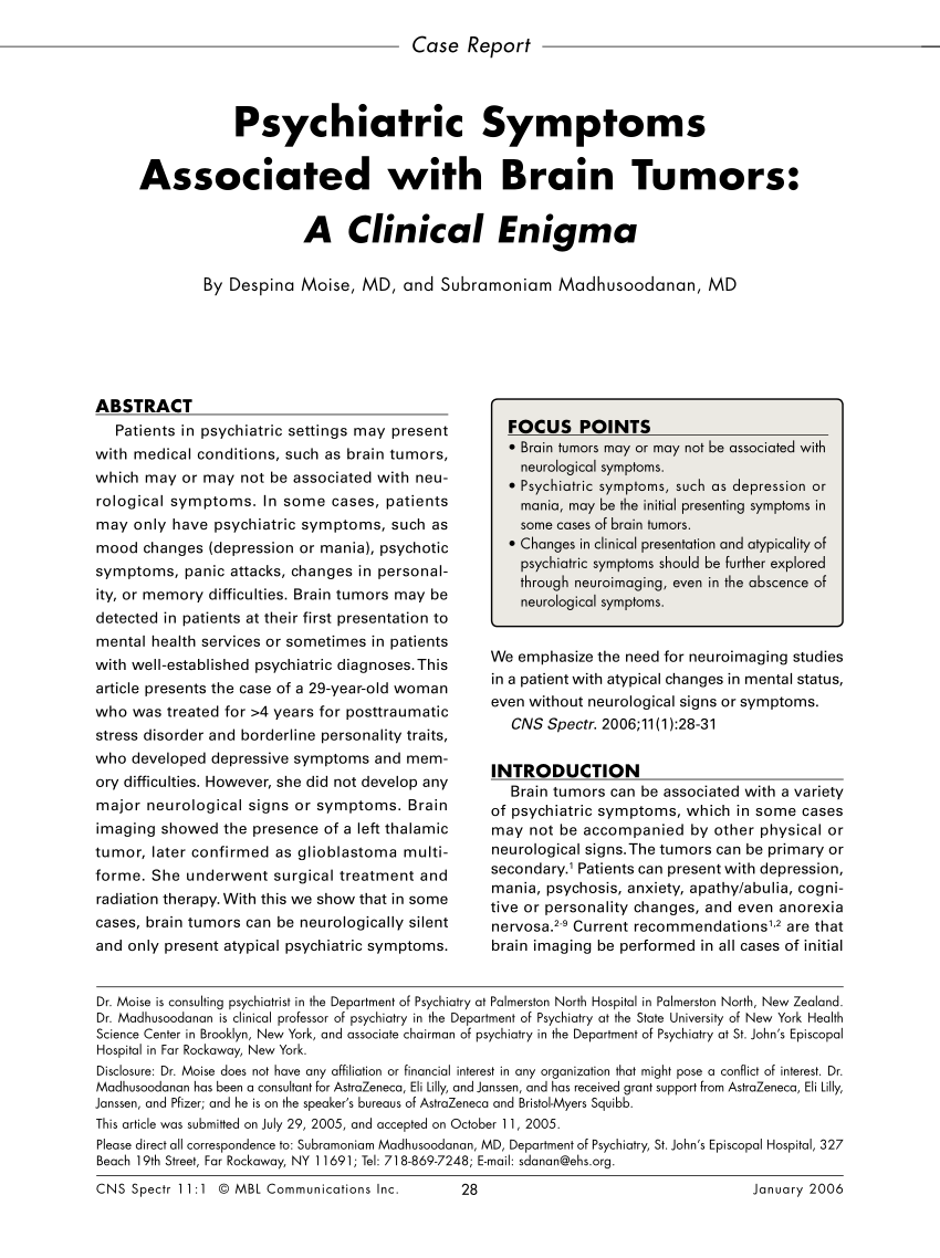 (PDF) Psychiatric Symptoms Associated with Brain Tumors: A Clinical Enigma