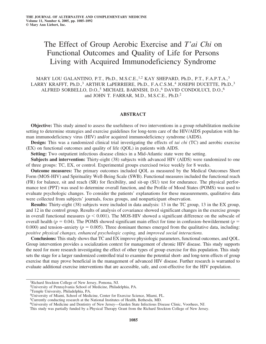 Pdf The Effect Of Group Aerobic Exercise And T Ai Chi On Functional Outcomes And Quality Of Life For Persons Living With Acquired Immunodeficiency Syndrome