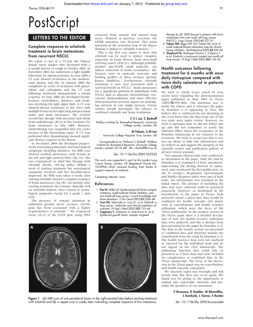Pdf Complete Response To Erlotinib Treatment In Brain Metastases From
