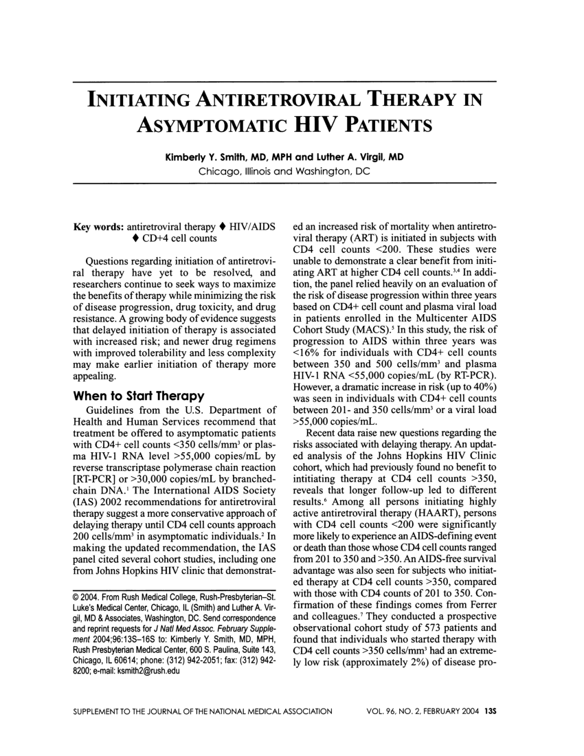 Pdf Initiating Antiretroviral Therapy In Asymptomatic Hiv Patients