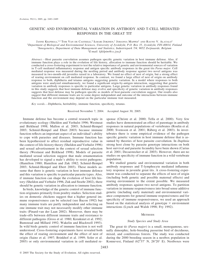 PDF) Genetic and environmental variation in antibody and T-cell mediated  responses in the Great Tit