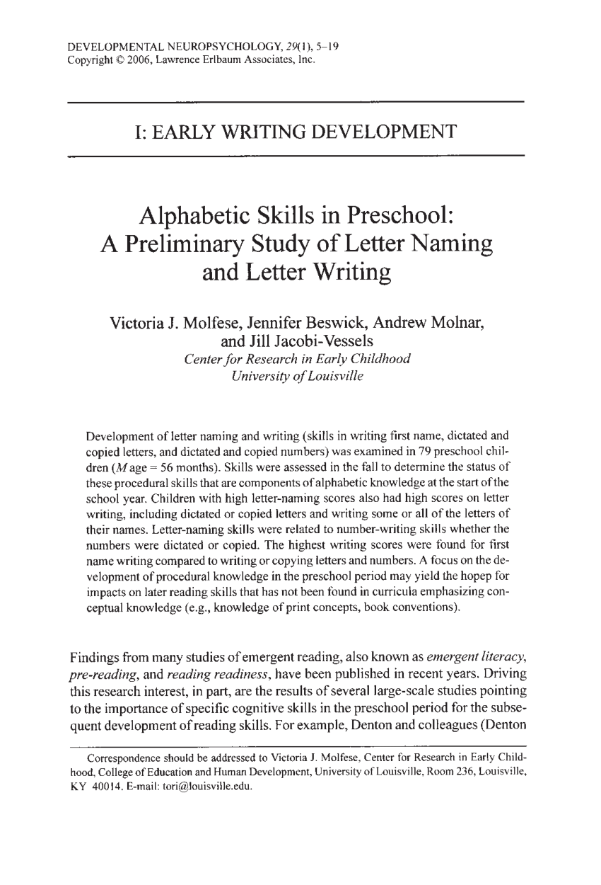 Pdf Alphabetic Skills In Preschool A Preliminary Study Of Letter