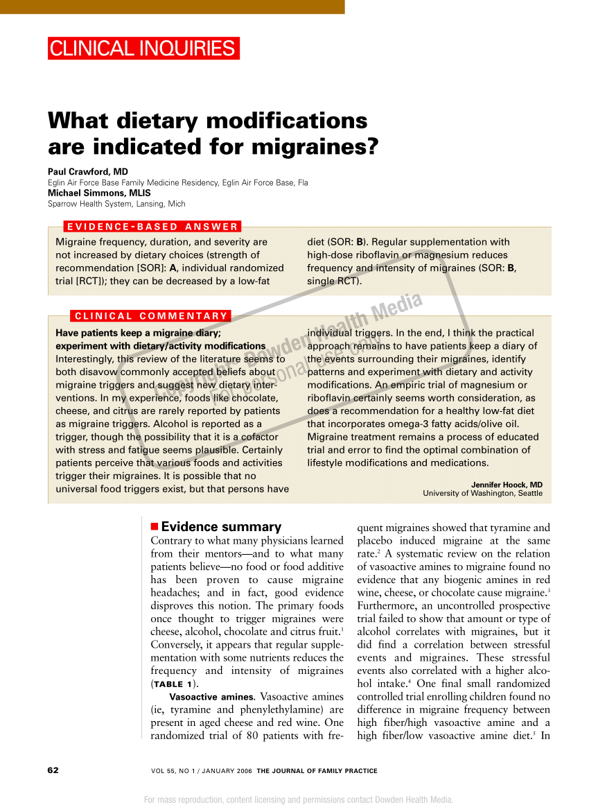 Pdf Clinical Inquiries What Dietary Modifications Are Indicated For Migraines