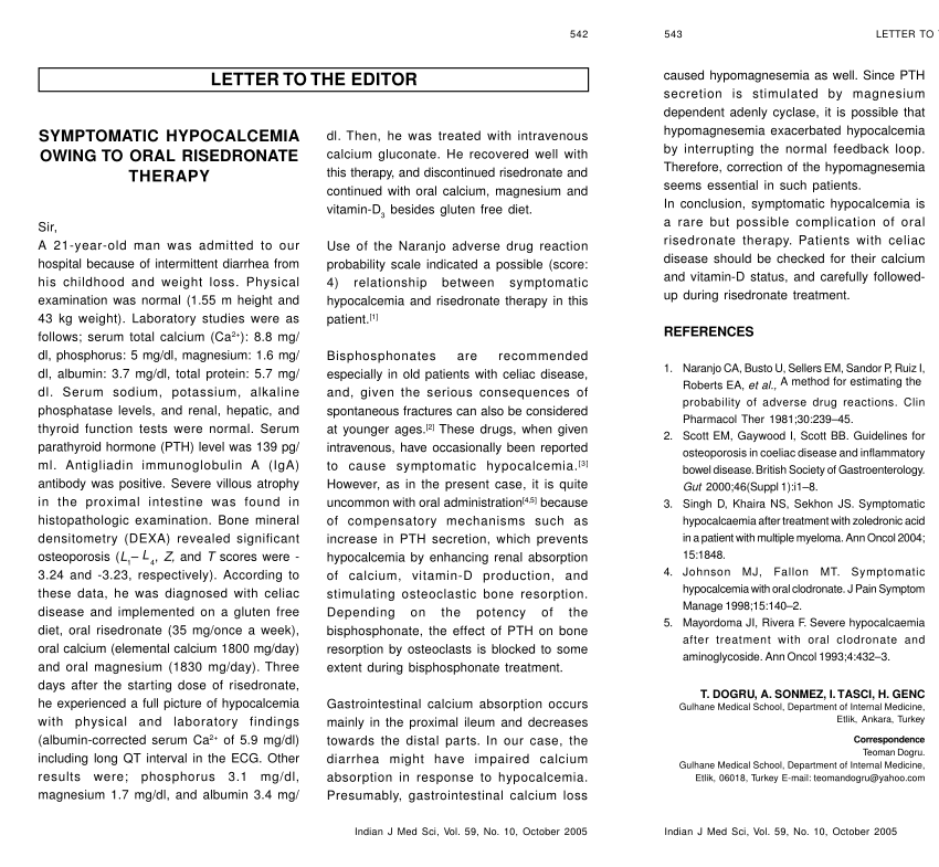 Pdf Symptomatic Hypocalcemia Due To Oral Risedronate Therapy