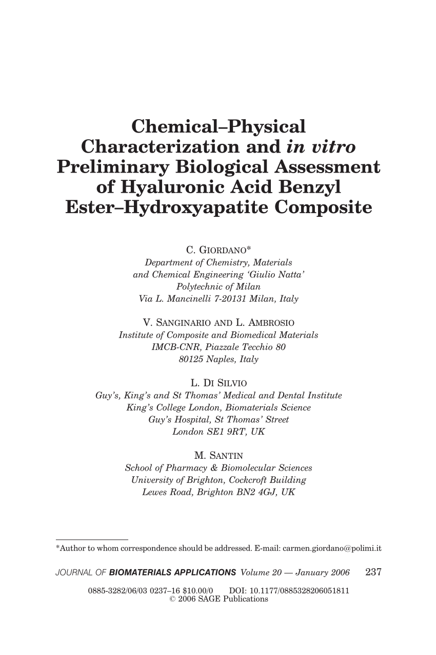 Pdf Chemical Physical Characterization And In Vitro Preliminary Biological Assessment Of Hyaluronic Acid Benzyl Ester Hydroxyapatite Composite