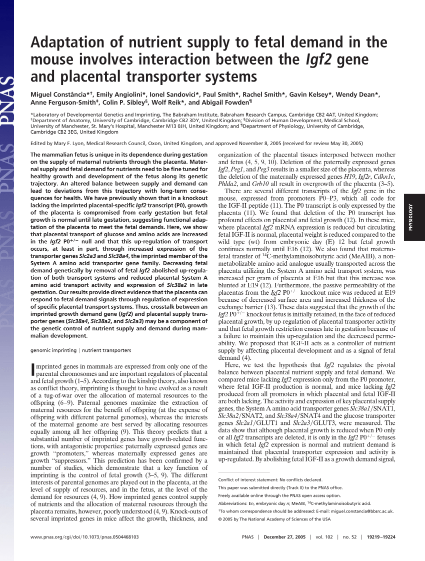 PDF) Adaptation of nutrient supply to fetal demand in the mouse interaction between Igf2 gene and placental transport systems