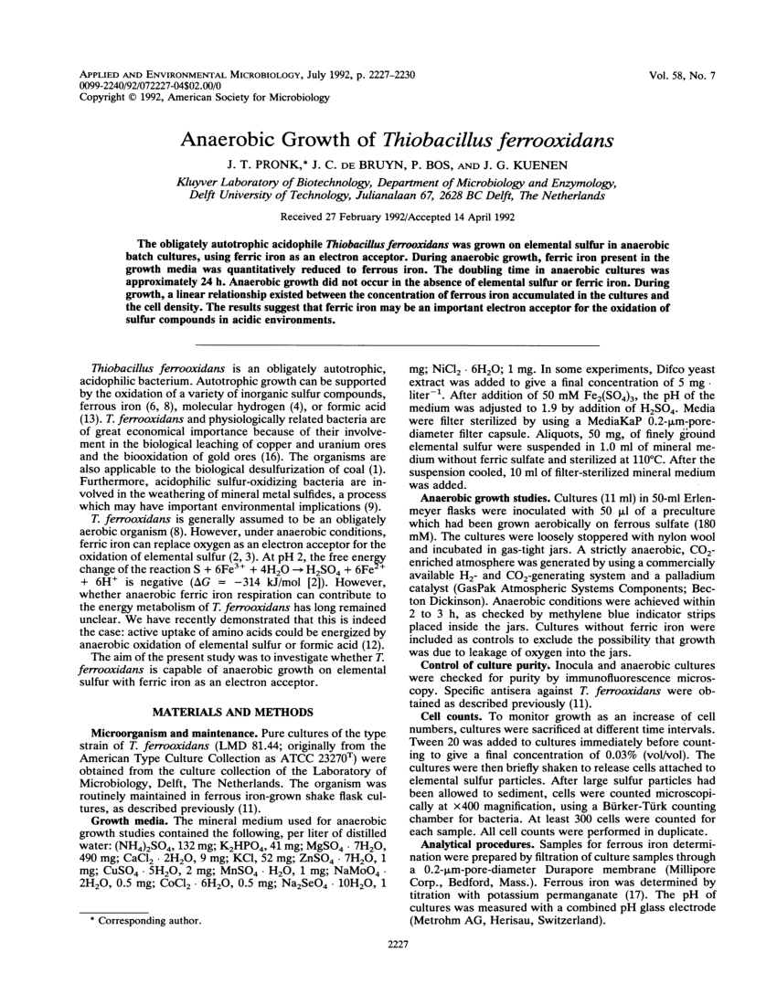 Pdf Anaerobic Growth Of Thiobacillus Ferrooxidans