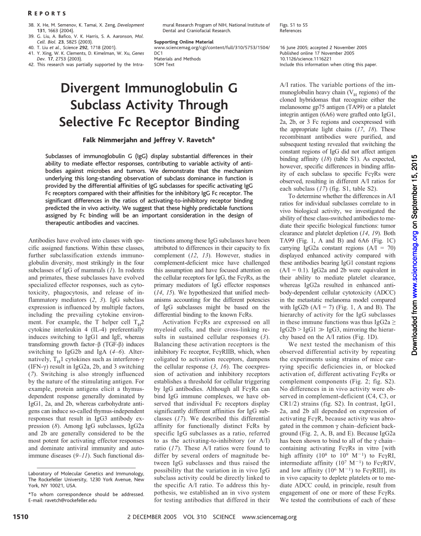 Pdf Divergent Immunoglobulin G Subclass Activity Through Selective Fc Receptor Binding