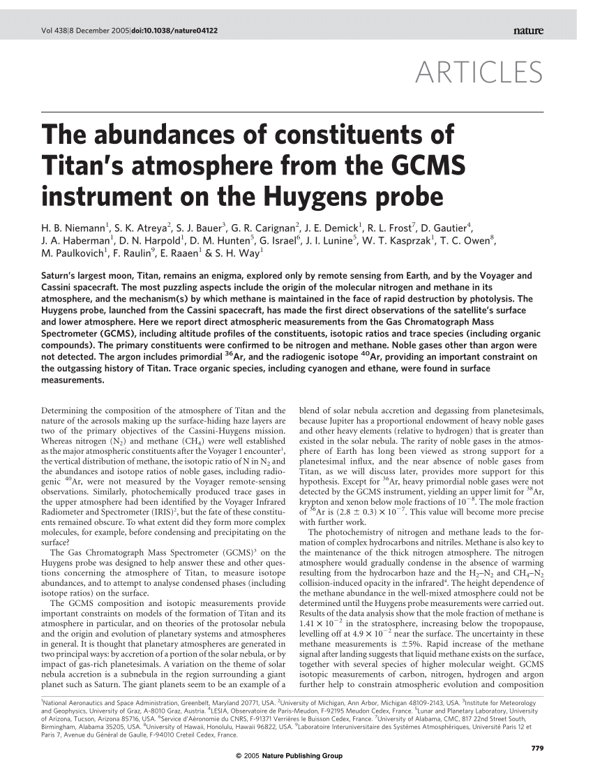 Pdf The Abundances Of Constituents Of Titan S Atmosphere From The Gcms Instrument On The Huygens Probe