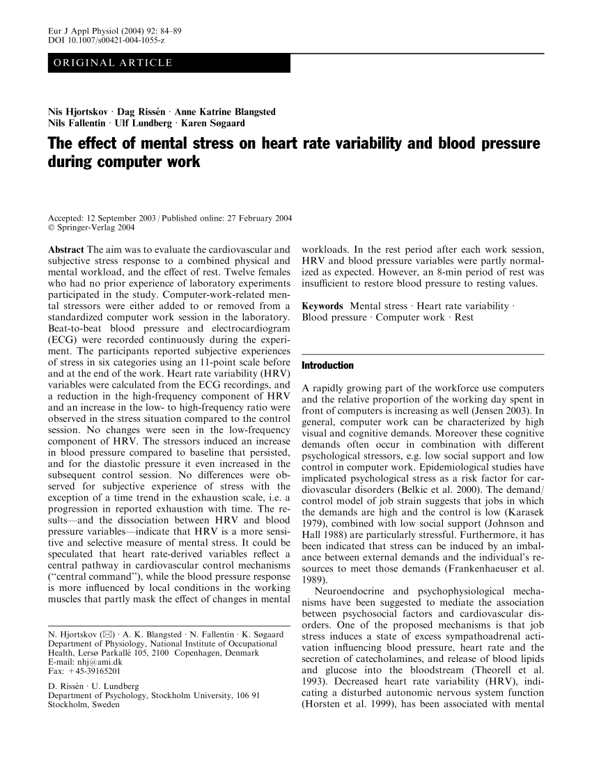 Pdf The Effect Of Mental Stress On Heart Rate Variability And Blood Pressure During Puter Work