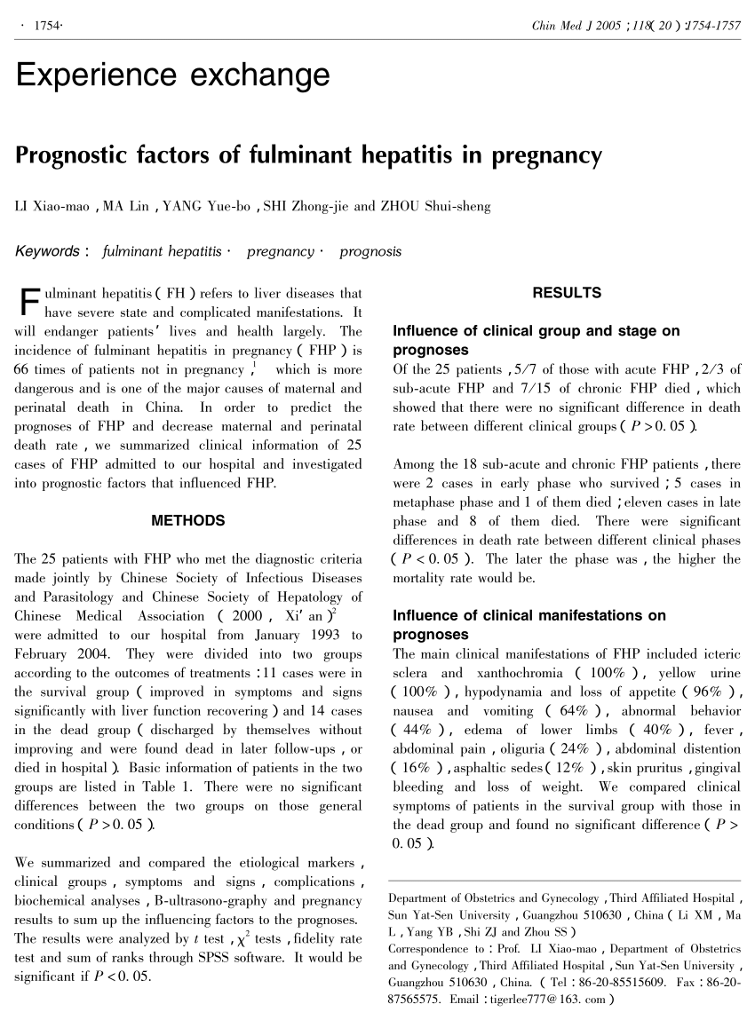 Pdf Prognostic Factors Of Fulminant Hepatitis In Pregnancy