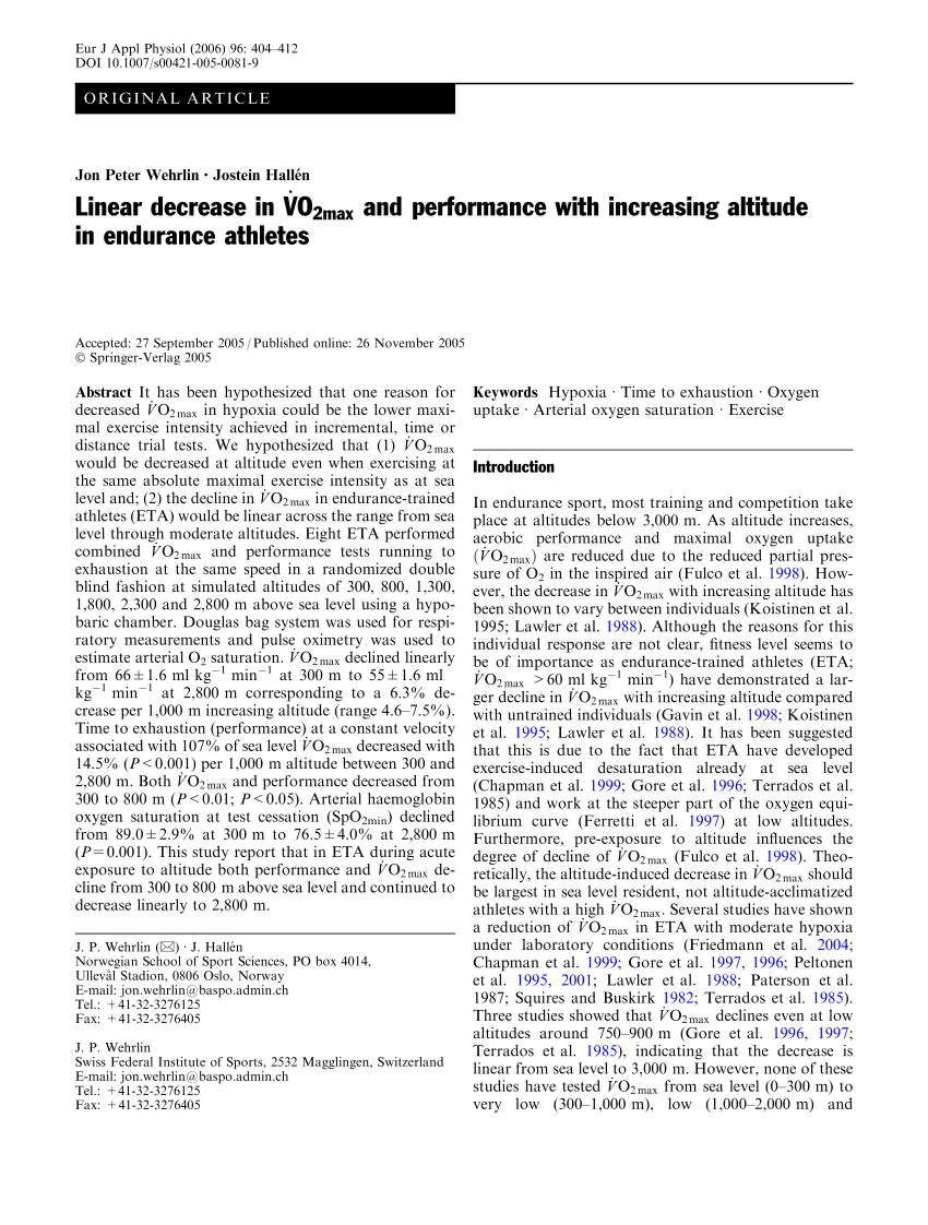 Pdf Linear Decrease In Vo2max And Performance With Increasing