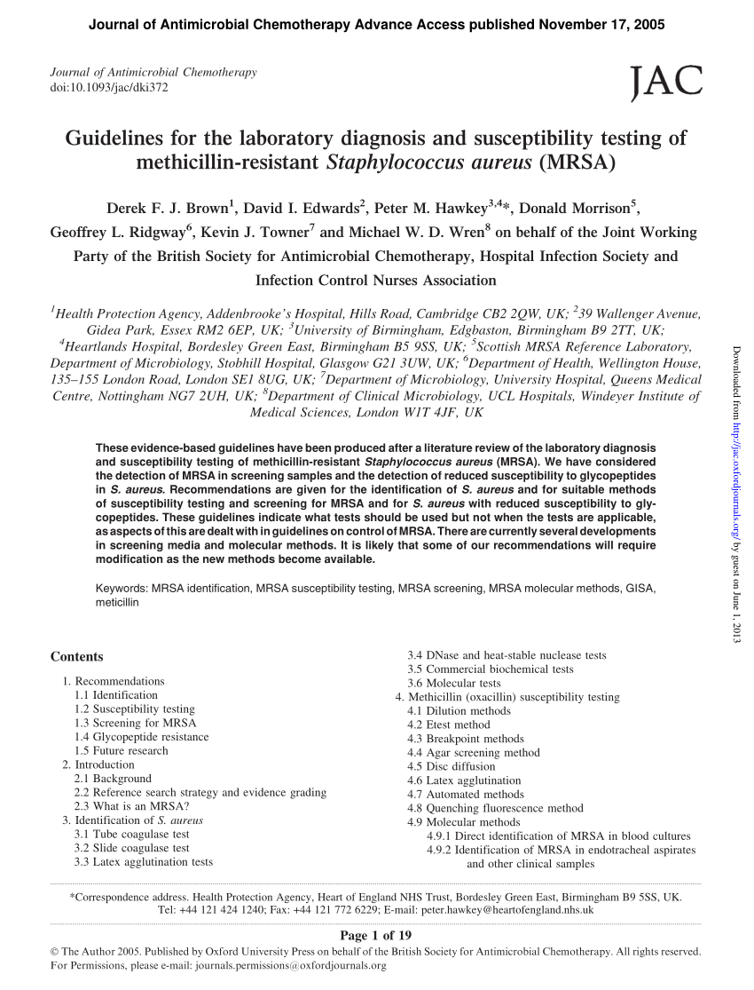 Pdf Guidelines For The Laboratory Diagnosis And Susceptibility Testing Of Methicillin Resistant Staphylococcus Aureus Mrsa