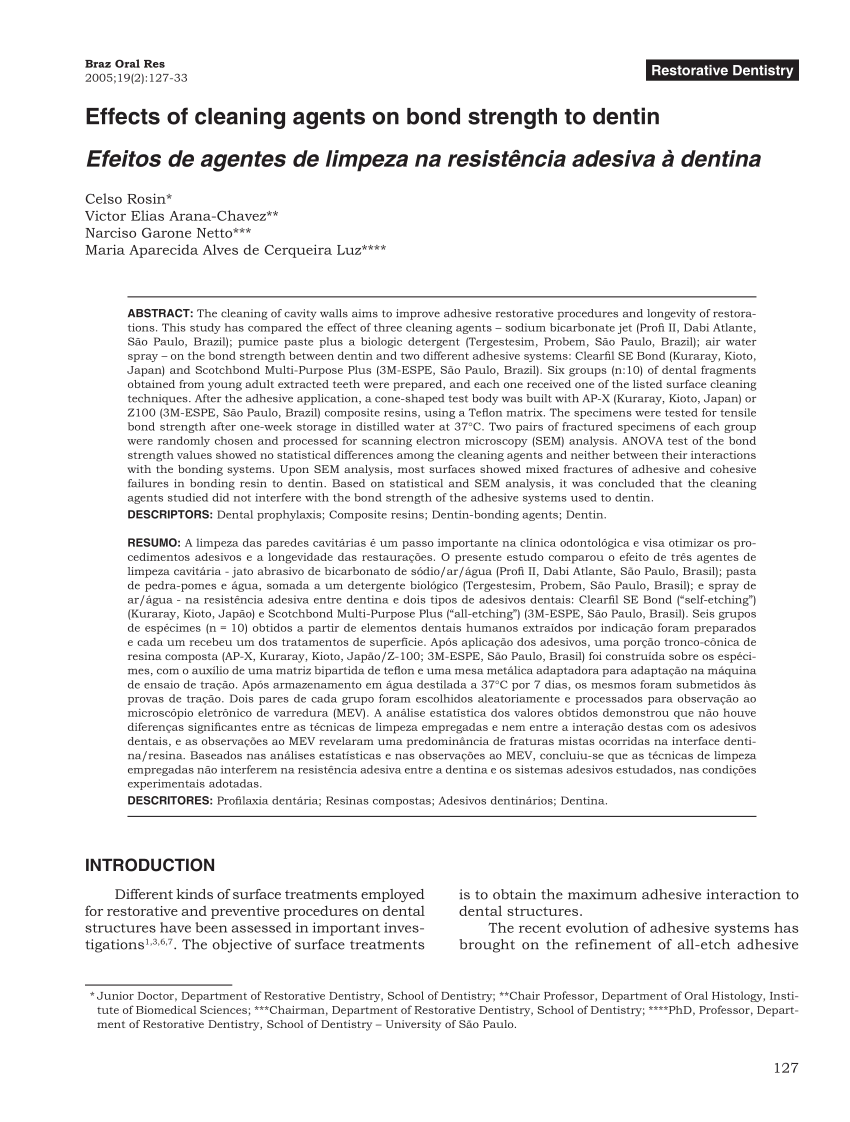 Pdf Effects Of Cleaning Agents On Bond Strength To Dentin