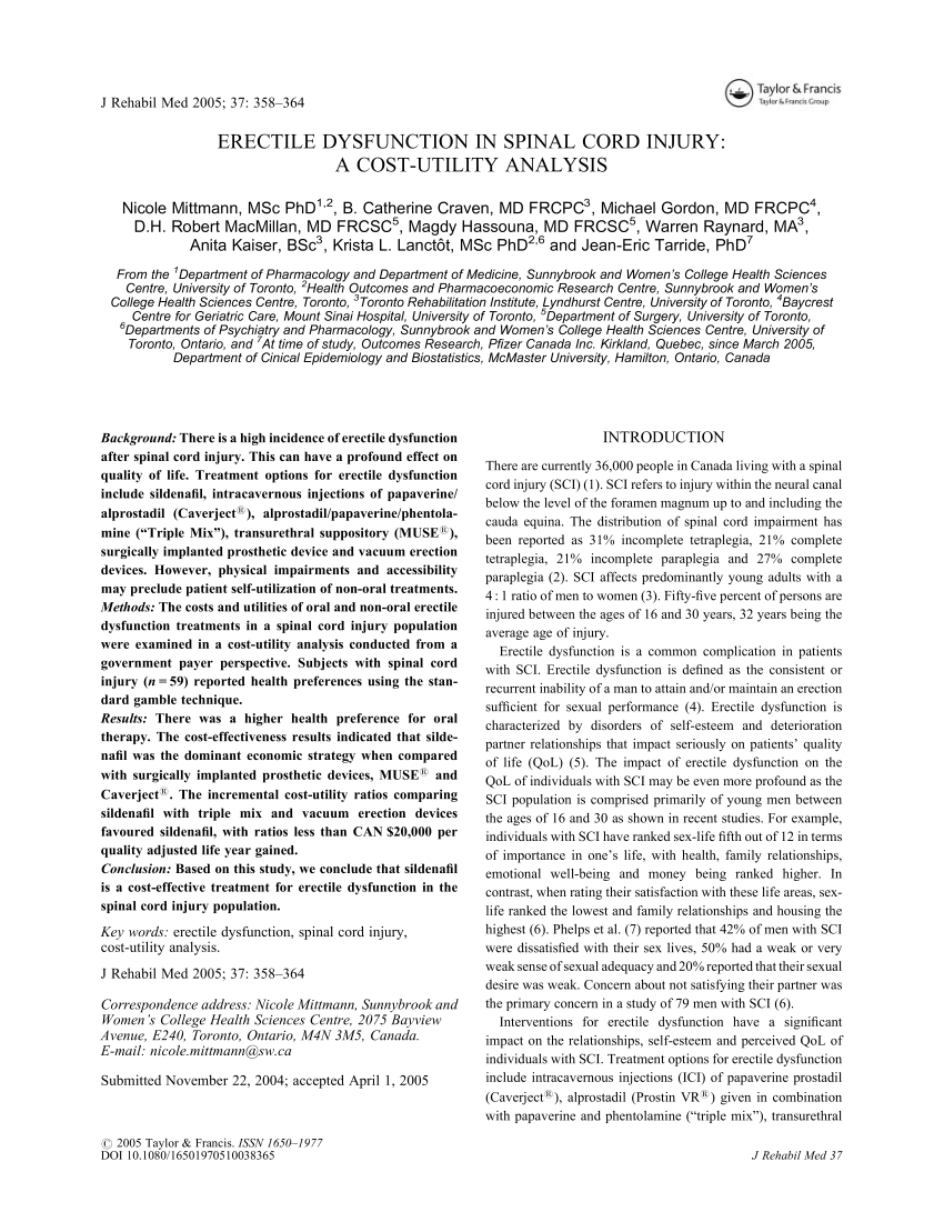 PDF Erectile dysfunction in spinal cord injury A cost utility