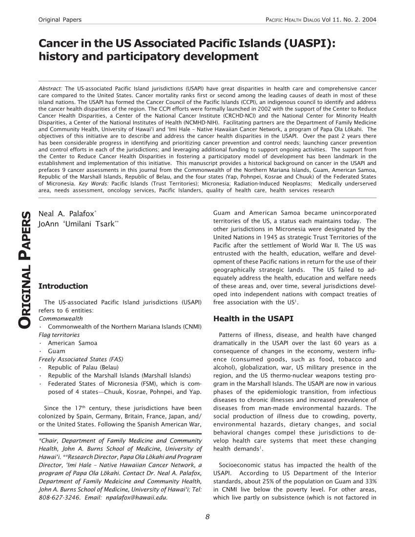 Pdf Cancer In The Us Associated Pacific Islands Uaspi History And Participatory Development