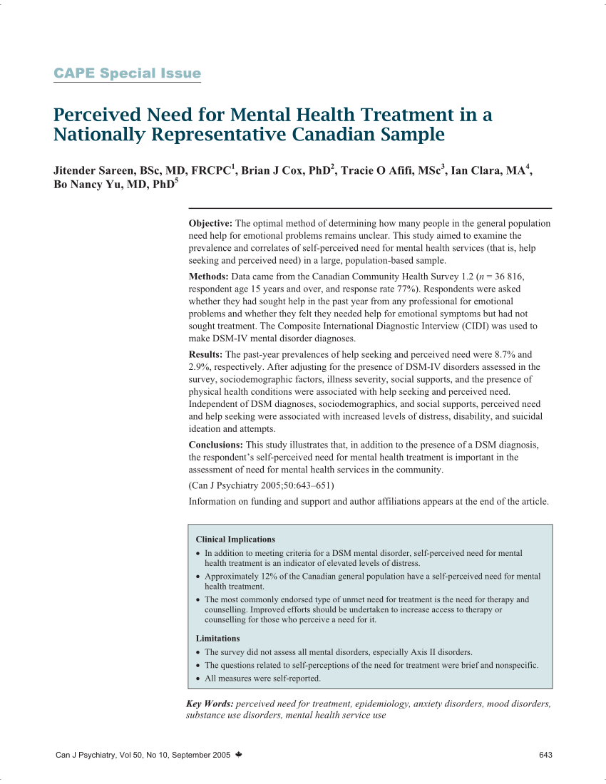Pdf Perceived Need For Mental Health Treatment In A - 