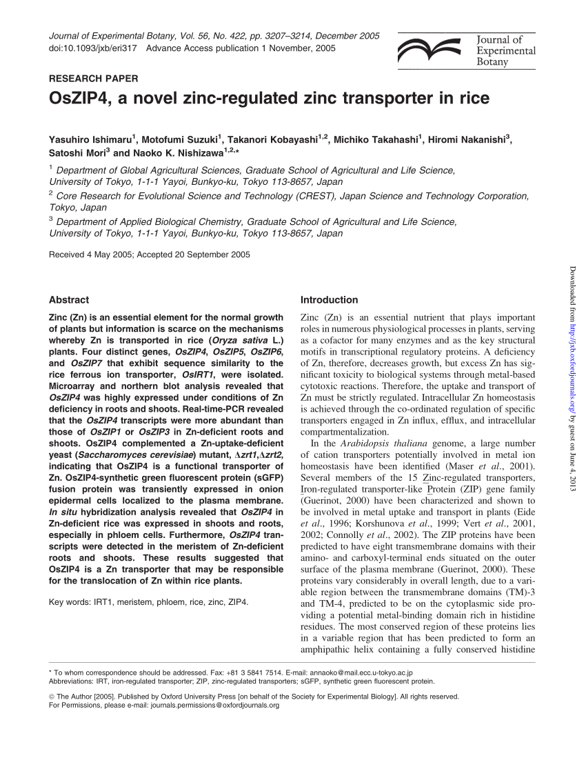 Pdf Oszip4 A Novel Zinc Regulated Zinc Transporter In Rice