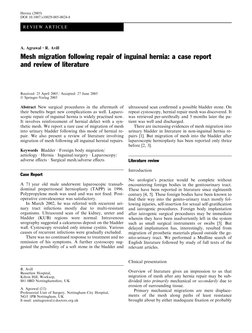 (PDF) Mesh migration following repair of inguinal hernia A case report