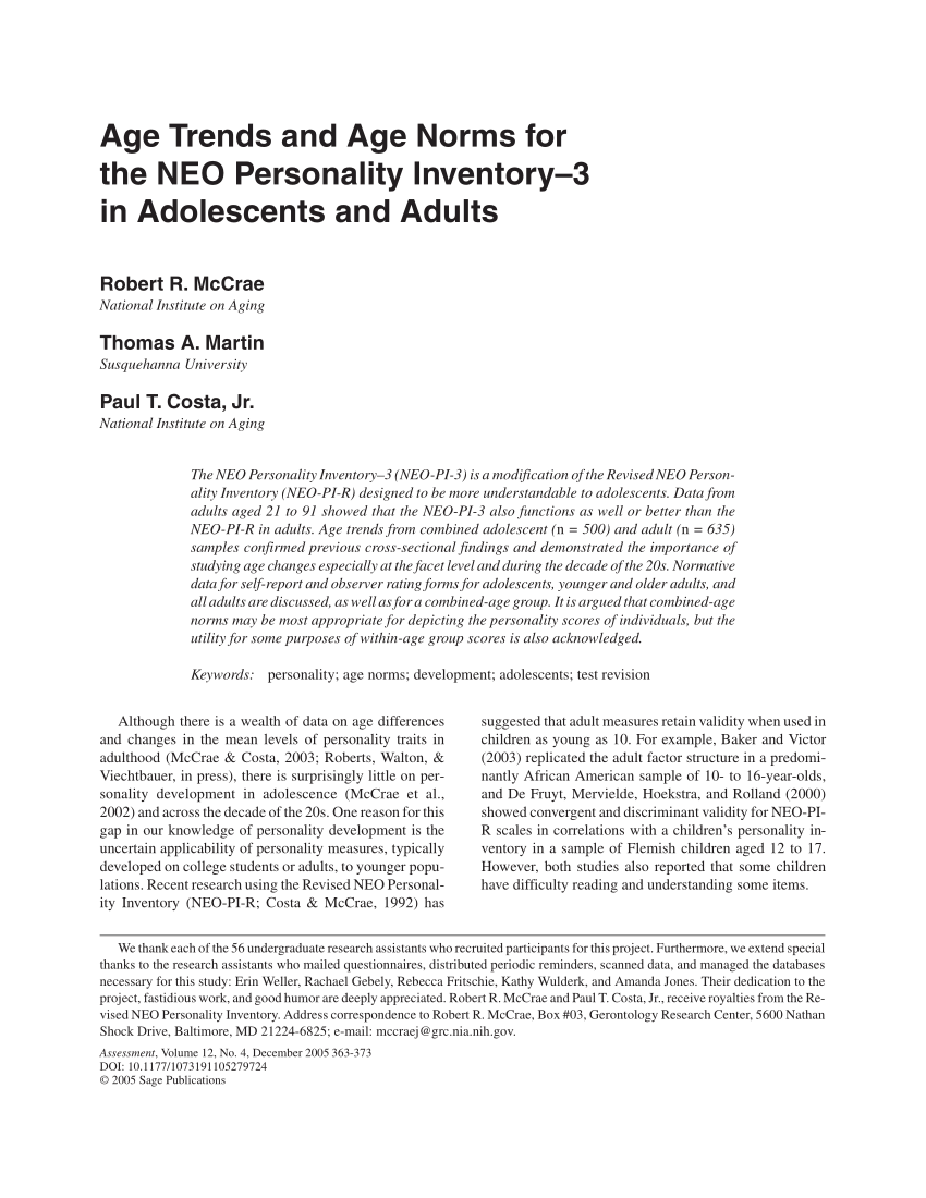 Pdf Age Trends And Age Norms For The Neo Personality Inventory 3 In Adolescents And Adults
