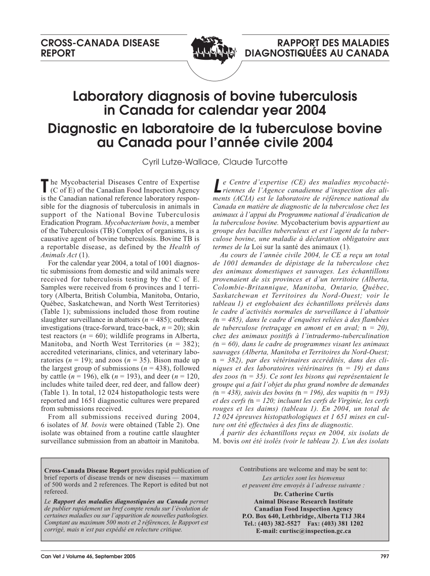 Pdf Laboratory Diagnosis Of Bovine Tuberculosis In Canada For Calendar Year 05