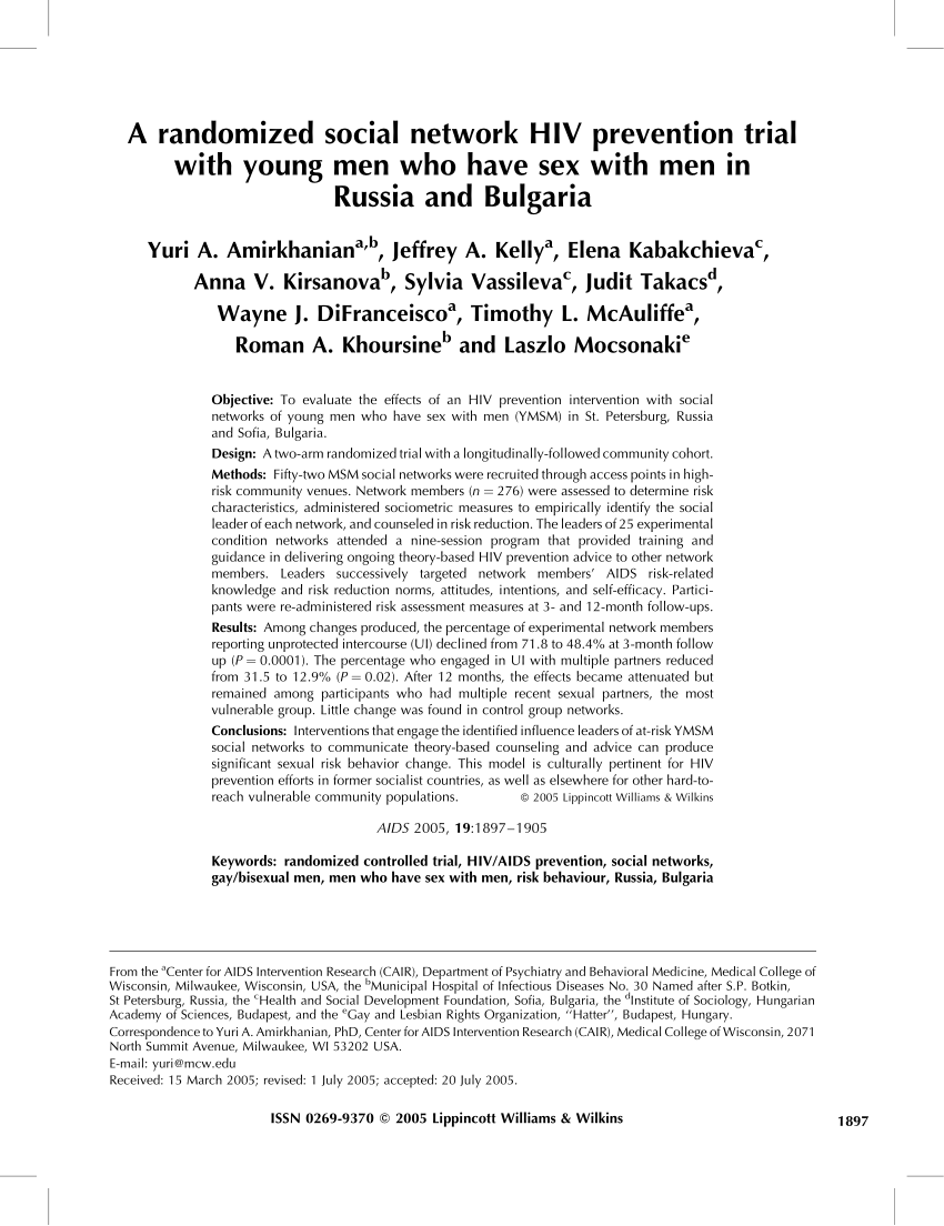 PDF) A randomized social network HIV prevention trial with young men who  have sex with men in Russia and Bulgaria