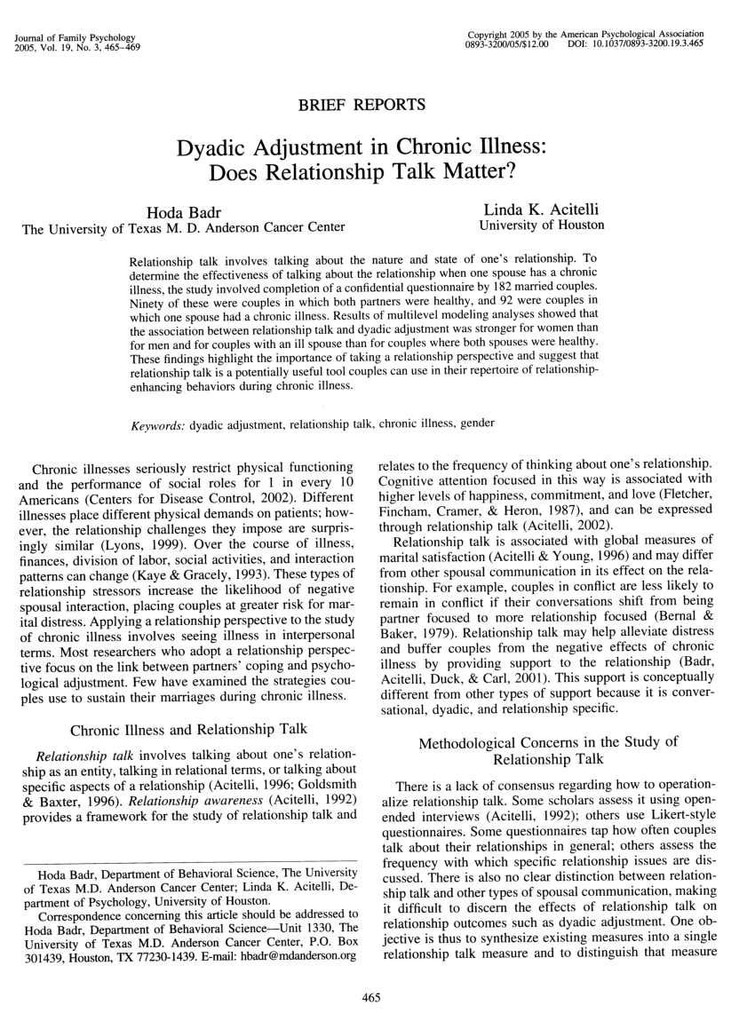 (PDF) Dyadic Adjustment in Chronic Illness: Does Relationship Talk Matter?