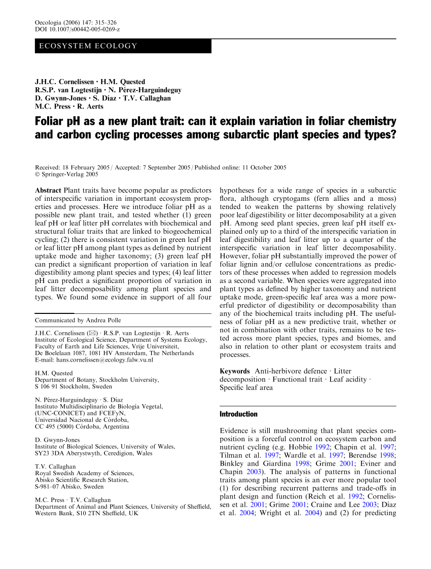 Pdf Foliar Ph As A New Plant Trait Can It Explain Variation In Foliar Chemistry And Carbon Cycling Processes Among Subarctic Plant Species And Types