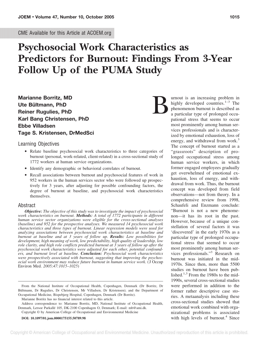 PDF) Psychosocial Work Characteristics as Predictors for Burnout ...