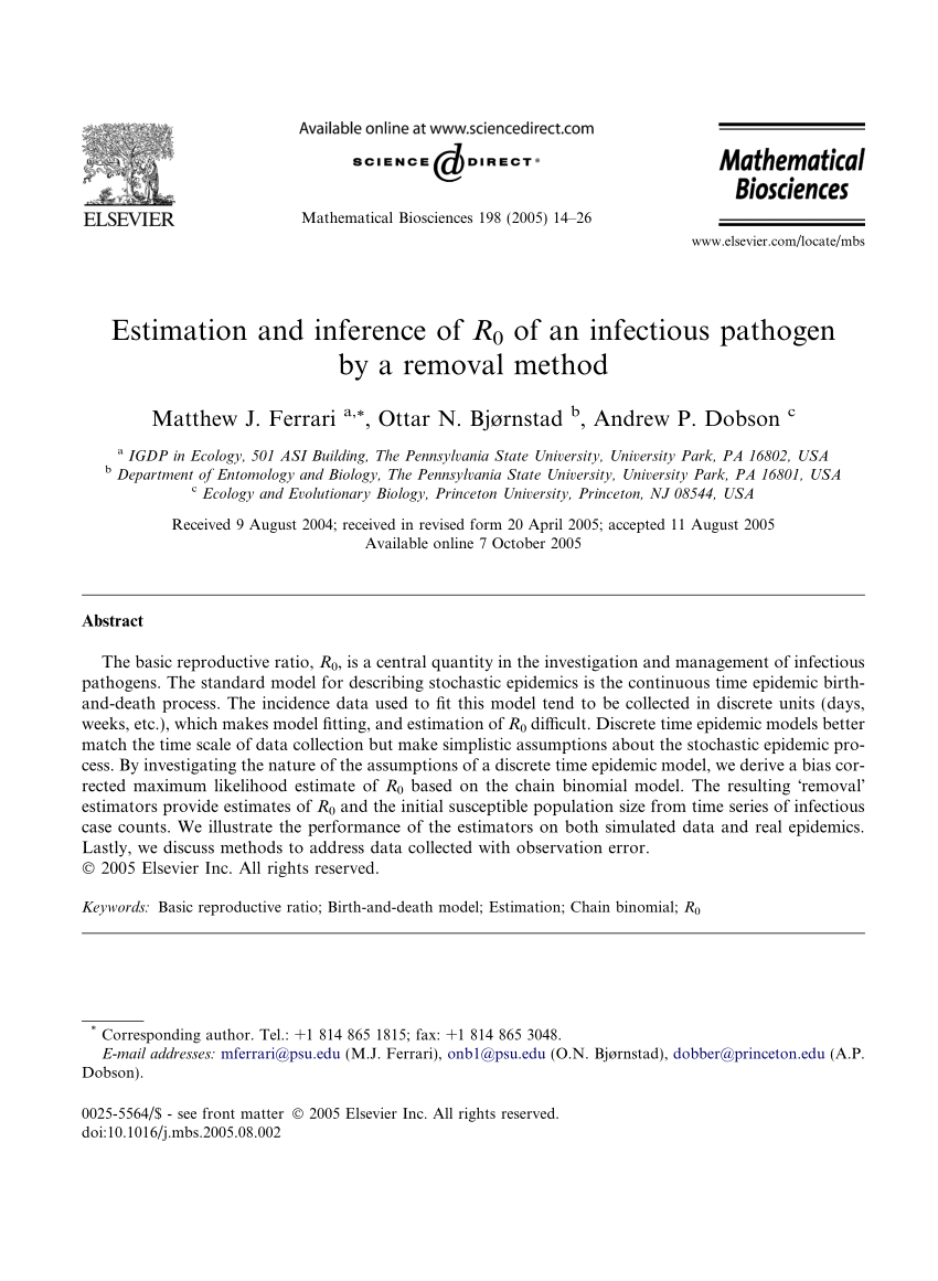 Pdf Estimation And Inference Of R0 Of An Infectious Pathogen By A Removal Method