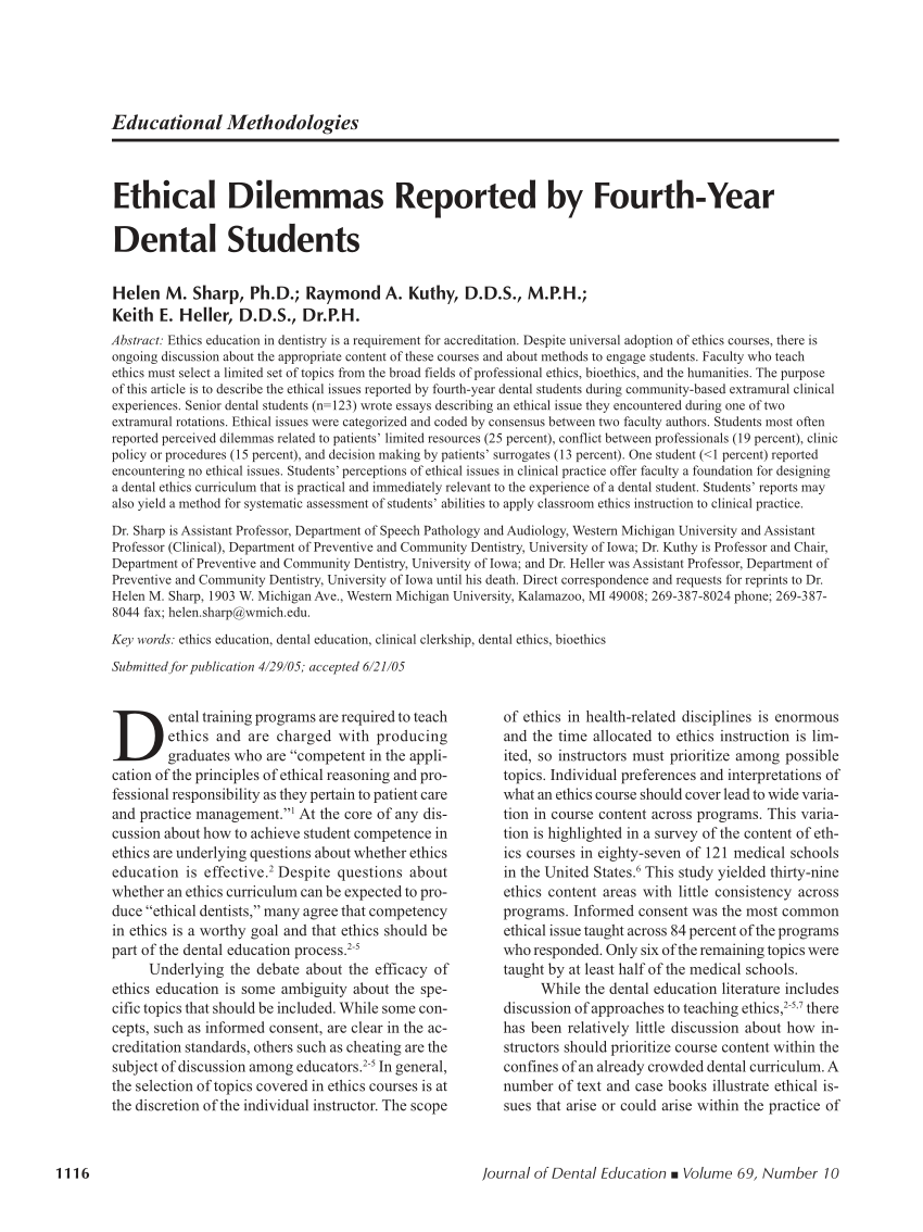 Pdf Ethical Dilemmas Reported By Fourth Year Dental Students