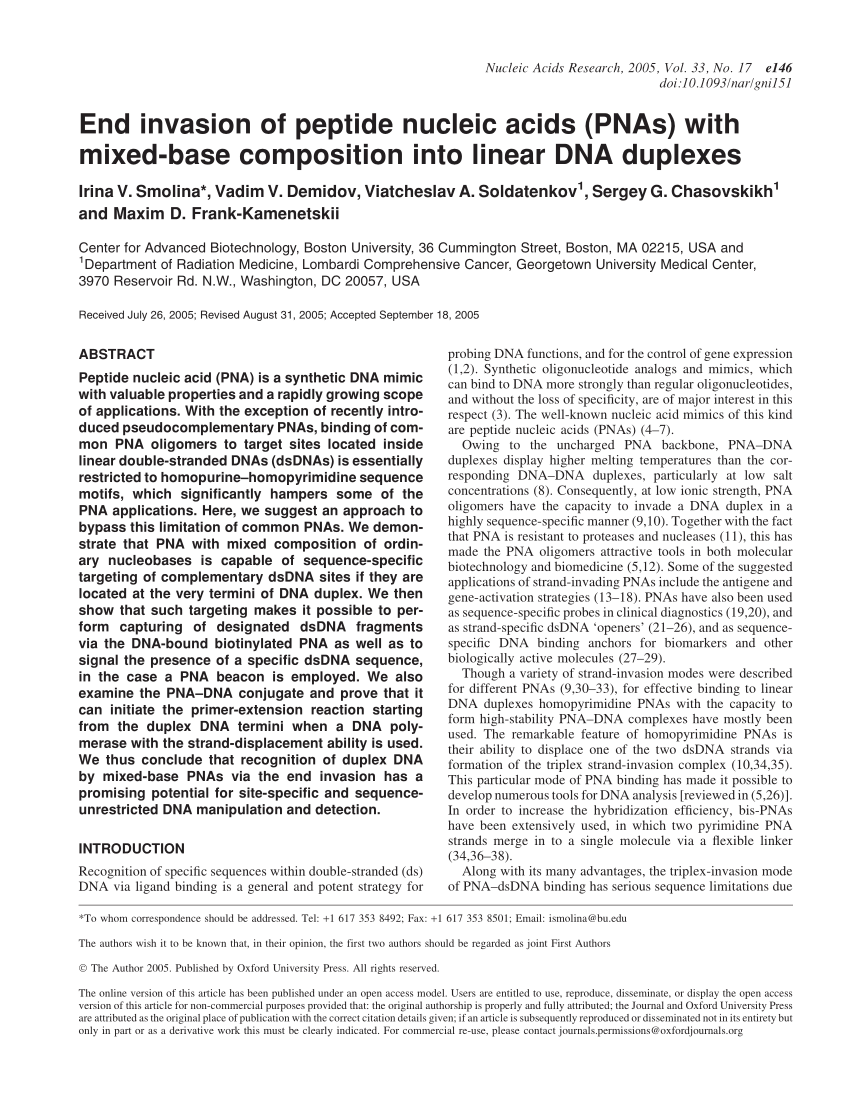 Pdf End Invasion Of Peptide Nucleic Acids Pnas With Mixed Base Composition Into Linear Dna Duplexes