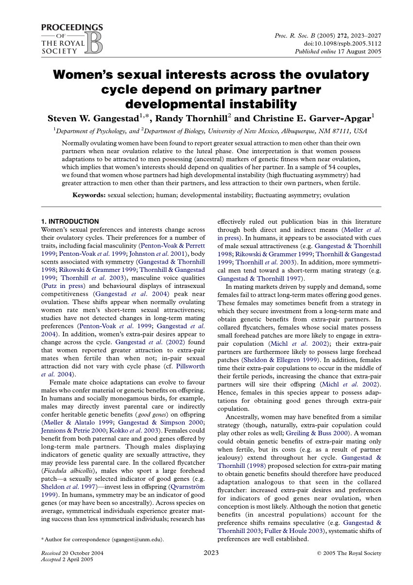 PDF) Women's sexual interests across the ovulatory cycle depend on primary  partner developmental instability