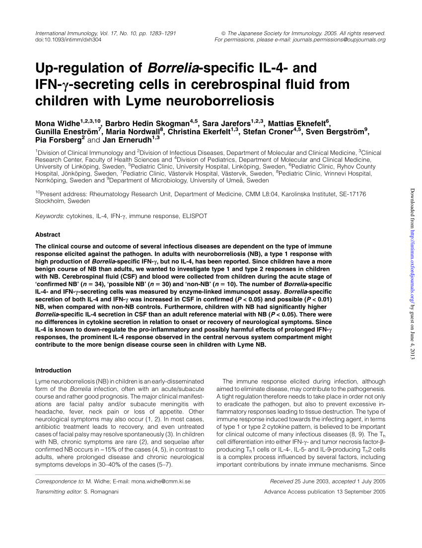 Pdf Up Regulation Of Borrelia Specific Il 4 And Ifn Secreting Cells In Cerebrospinal Fluid 6425