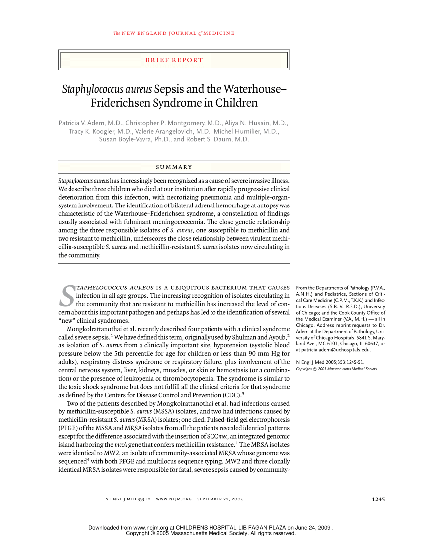 PDF) Staphylococcus aureus Sepsis and the Waterhouse–Friderichsen