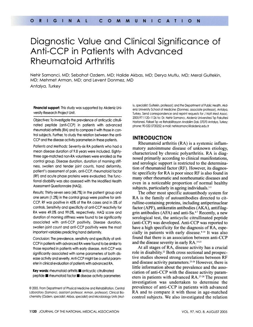 (PDF) Diagnostic value and clinical significance of anti-CCP in Sns-Brigh10