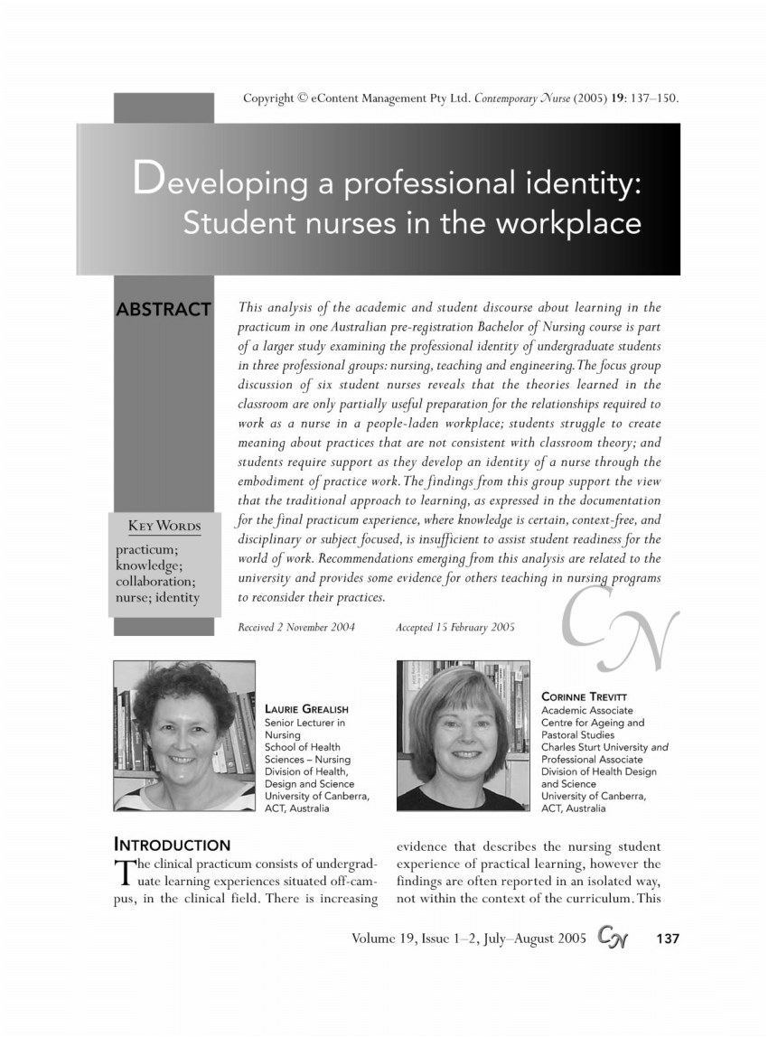 (PDF) Developing a professional identity Student nurses in the workplace