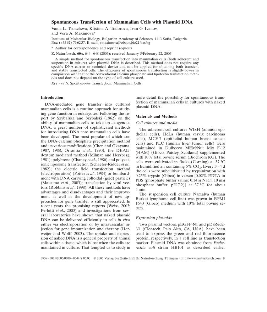 (PDF) Spontaneous Transfection of Mammalian Cells with Plasmid DNA