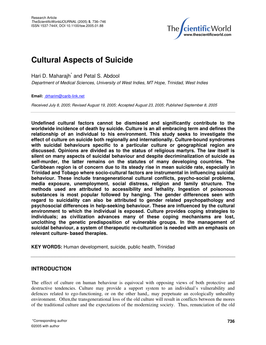 Pdf Cultural Aspects Of Suicide