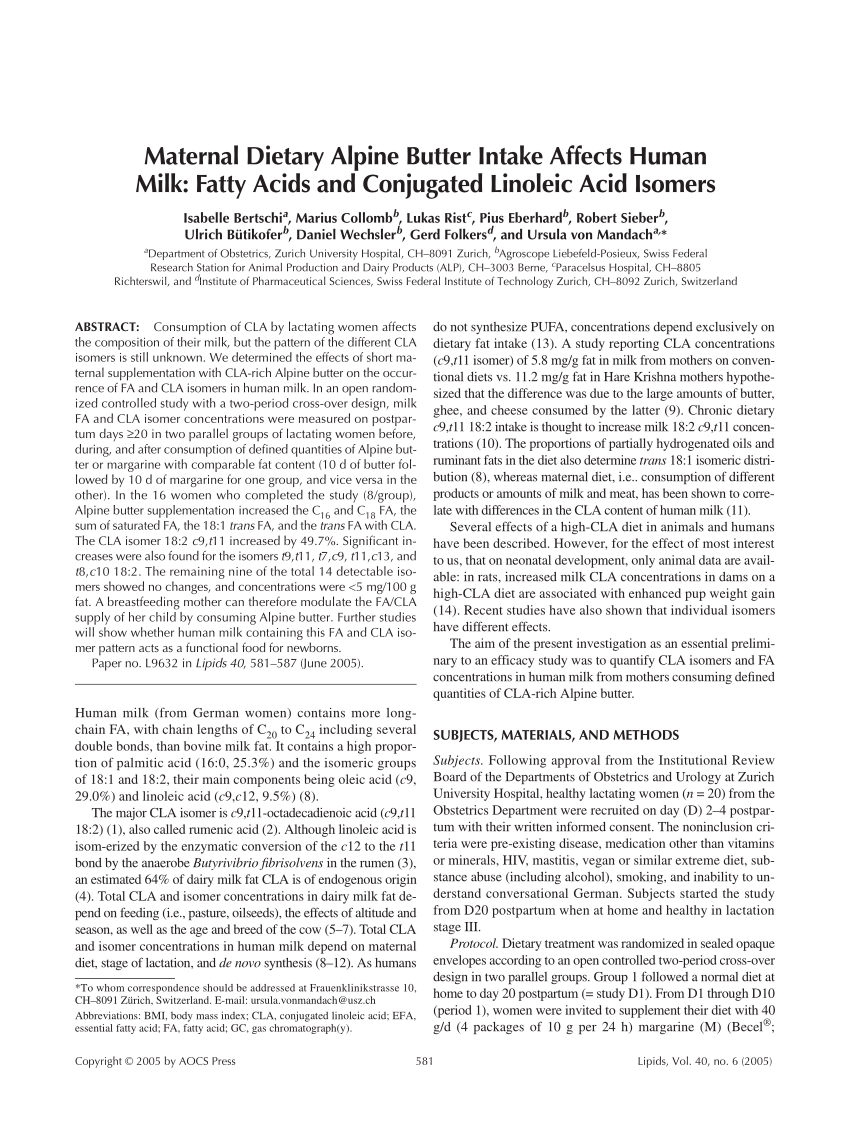 PDF) Maternal dietary Alpine butter intake affects human milk ...