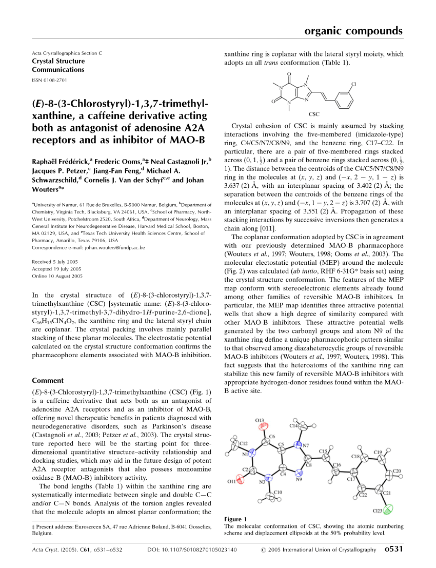 Pdf E 8 3 Chlorostyryl 1 3 7 Trimethylxanthine A Caffeine Derivative Acting Both As Antagonist Of Adenosine a Receptors And As Inhibitor Of Mao B