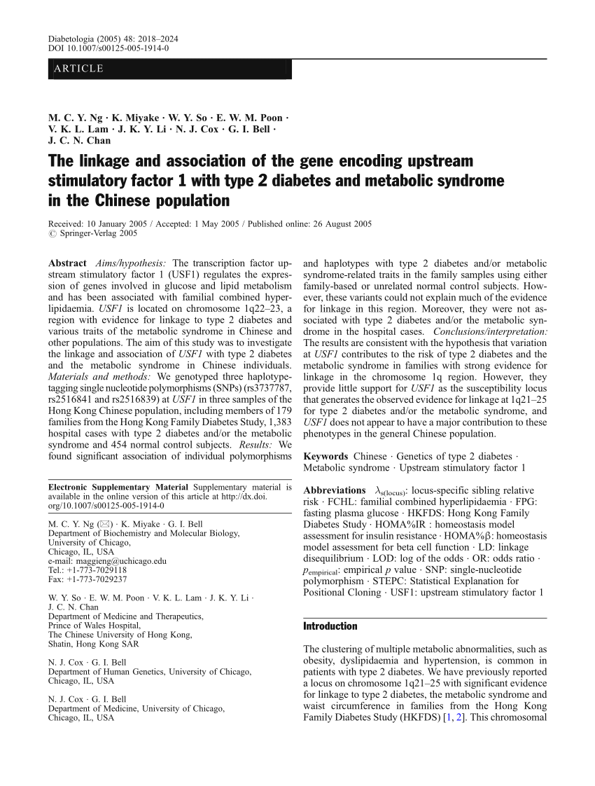 Pdf The Linkage And Association Of The Gene Encoding Upstream Stimulatory Factor 1 With Type 2 Diabetes And Metabolic Syndrome In The Chinese Population