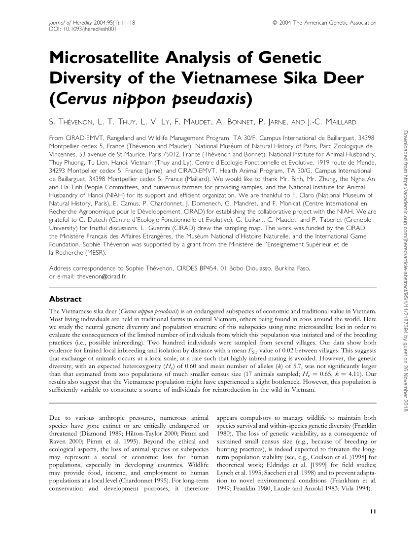 Pdf Microsatellite Analysis Of Genetic Diversity Of The Vietnamese Sika Deer Cervus Nippon Pseudaxis
