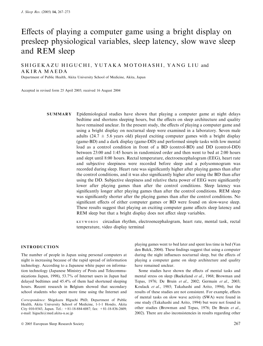 Pdf Effects Of Playing A Computer Game Using A Bright Display On Presleep Physiological Variables Sleep Latency Slow Wave Sleep And Rem Sleep