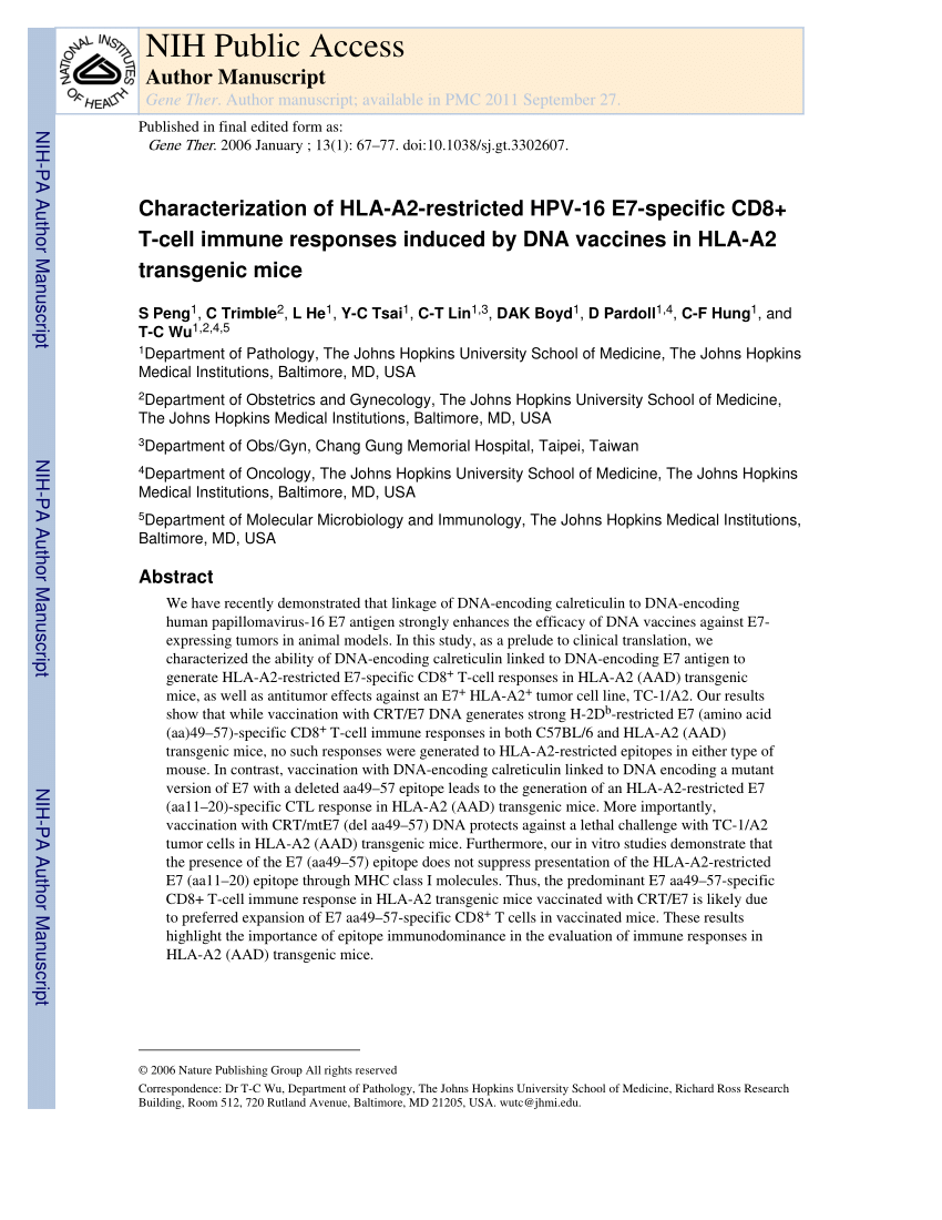 Pdf Characterization Of Hla A2 Restricted Hpv 16 E7 Specific Cd8 T