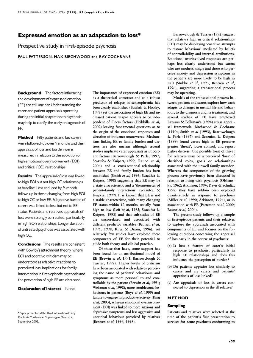 Pdf Expressed Emotion As An Adaptation To Loss Prospective Study In First Episode Psychosis