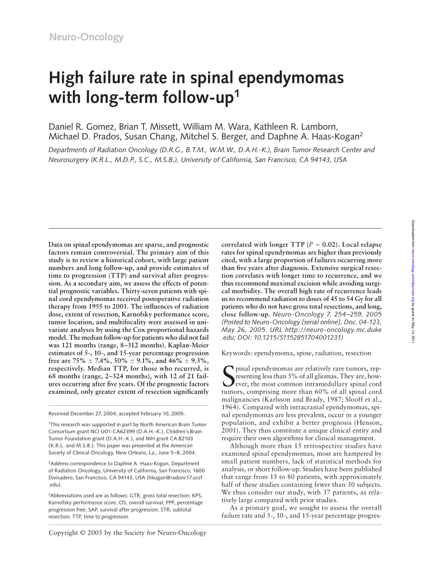 Pdf High Failure Rate In Spinal Ependymomas With Long Term Follow Up