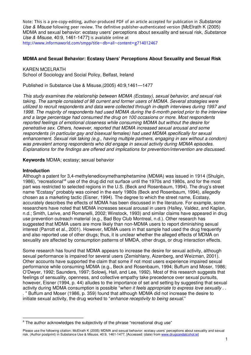 PDF MDMA and Sexual Behavior Ecstasy Users Perceptions About